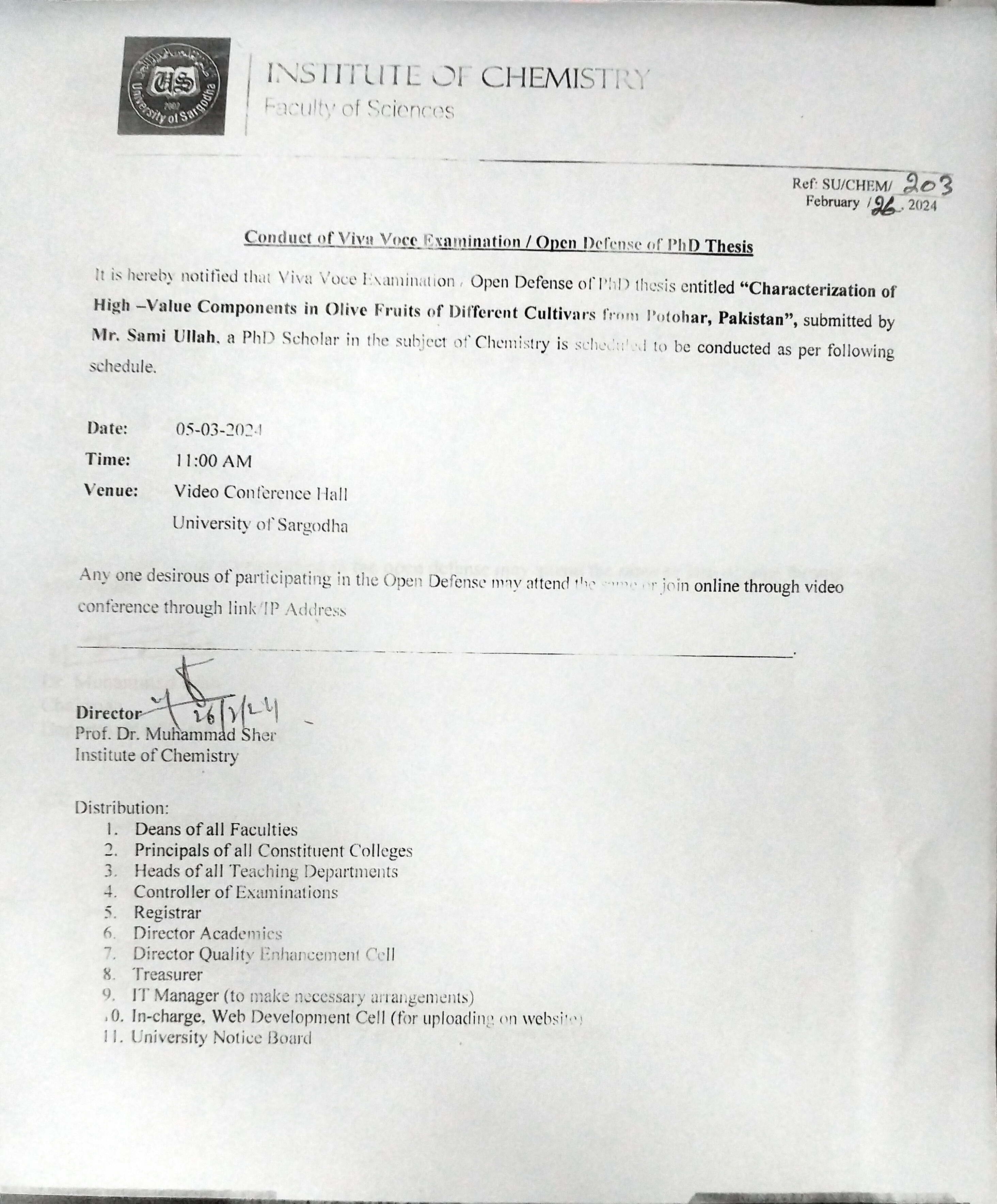 Conduct of Viva Voce Examination / Open Defense of PhD Thesis (Chemistry)